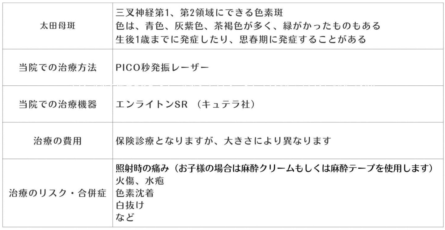 太田母斑の治療方法についての表